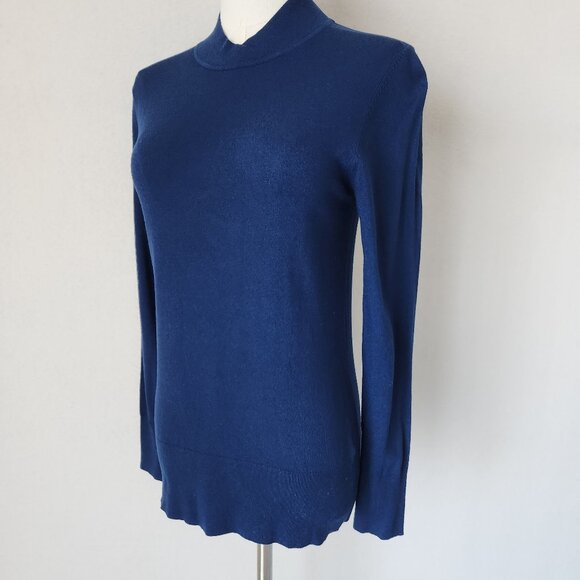 M.M.LAFLEUR Mock Neck Sweater Pullover Italian Viscose Blend Navy Blue - Picture 1 of 11